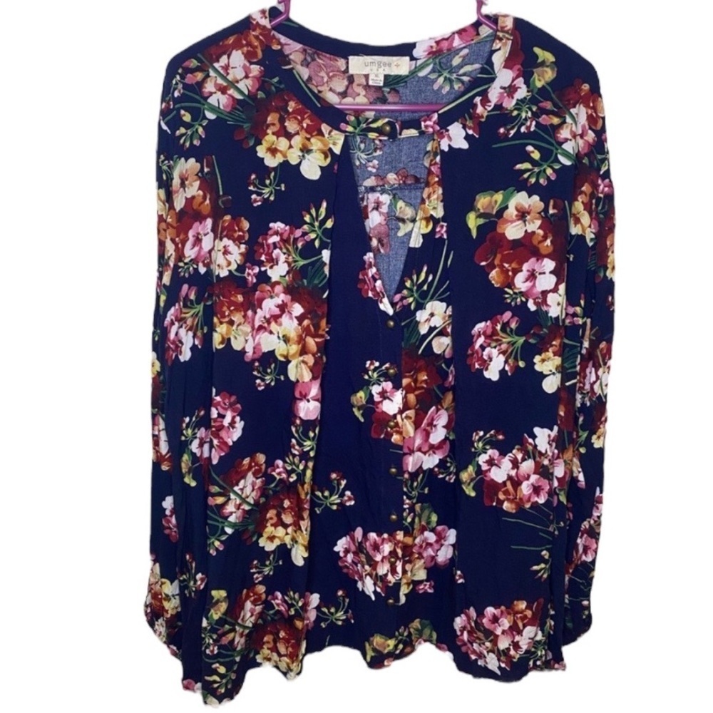 Umgee Navy Multicolor Floral Long Sleeve Layered Blouse